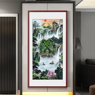 聚宝盆山水画挂画进门玄关画竖版八方来财装饰走廊过道壁画办公室
