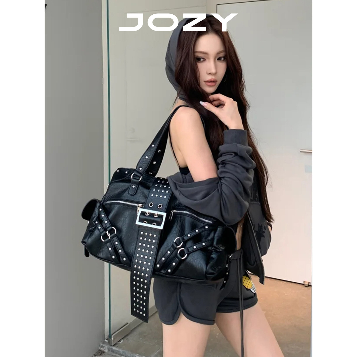 jozy原创设计机车爱妃手提包女2025新款铆钉托特包时髦单肩斜挎包