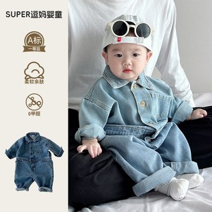 嬰幼兒工裝 嬰兒連體衣春秋款 寶寶衣服春裝 洋氣牛H仔爬服韓版 外出