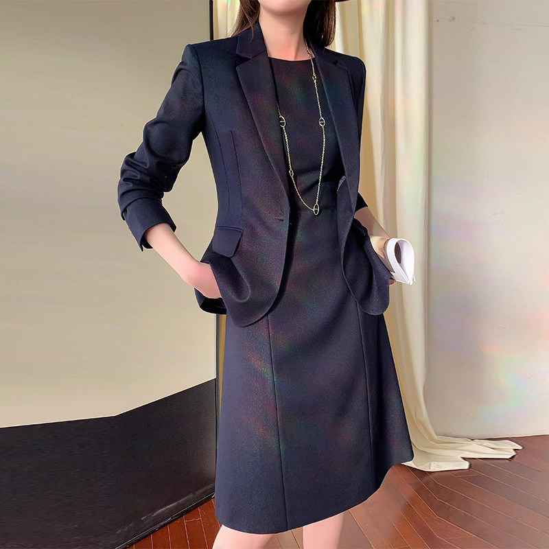 2025新款春秋西服外套女藏青色连衣裙套裙高级感修身显瘦两件套