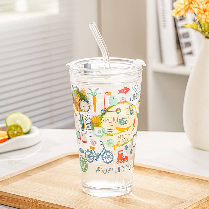 青苹果玻璃吸管杯女生耐热杯子女高颜值男咖啡杯便携式耐高温水杯