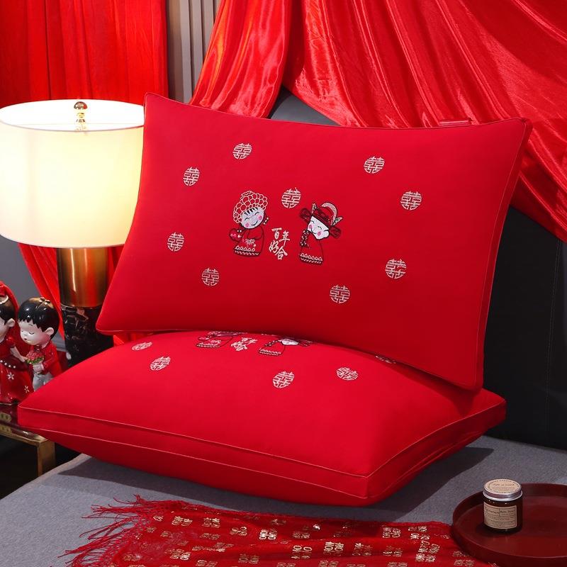 现货A类全棉贡缎新婚枕头婚庆纯棉立体羽丝绒枕芯结婚陪嫁