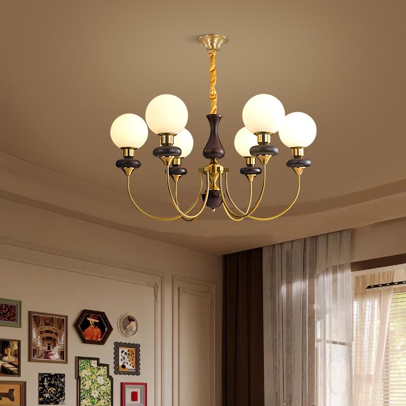 全铜中古风卧室餐厅魔豆灯具实木法式复古美式客厅南洋衣帽间吊灯