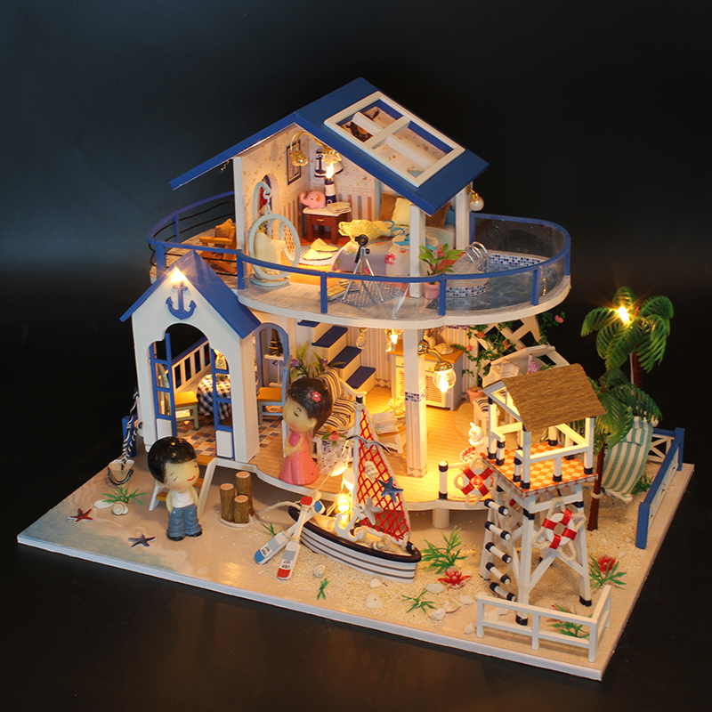 藍色系海報別墅小屋拼裝模型