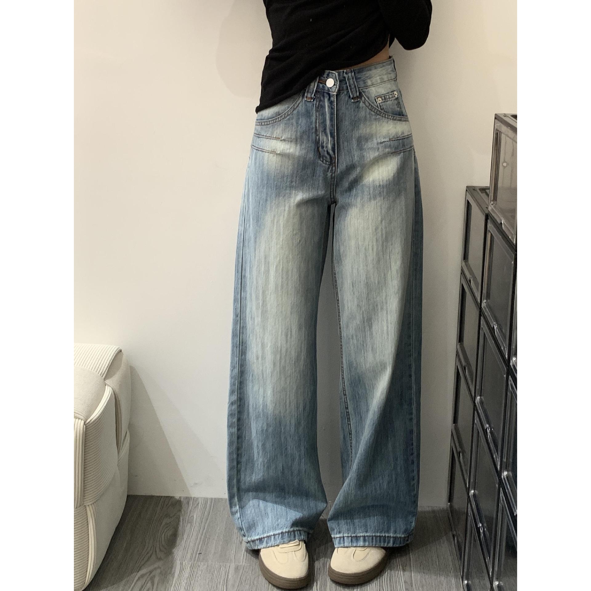 【商场同款】美式复古水洗蓝直筒牛仔裤女款小个子显瘦夏季薄款高