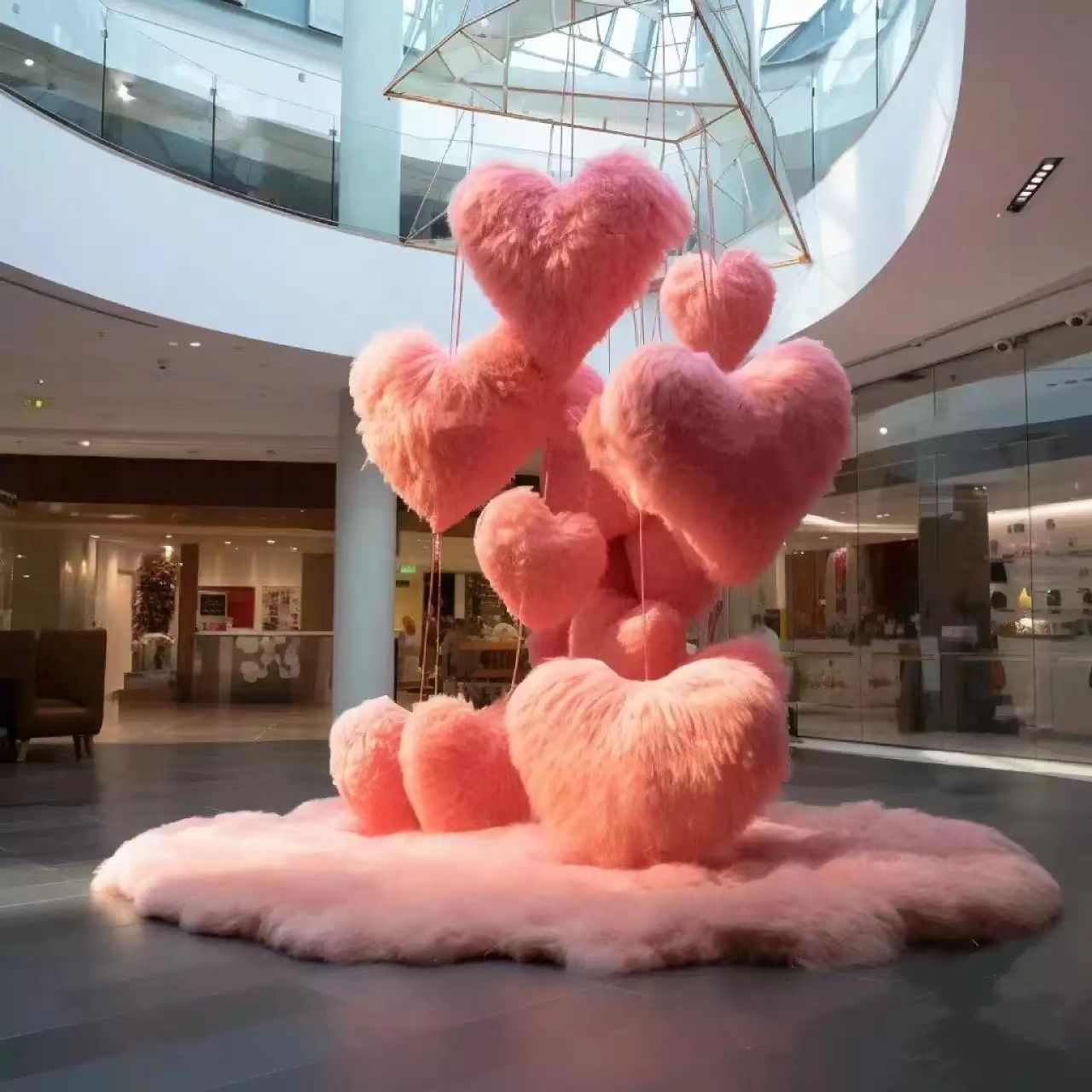 迎新年元旦装置粉色爱心毛绒艺术装饰品商业美陈粉色毛茸茸摆件