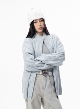 HSNH【加厚针织羊毛衫】秋冬立领麻花针织开衫复古男生毛衣外套女