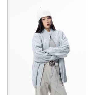 HSNH【加厚针织羊毛衫】秋冬立领麻花针织开衫复古男生毛衣外套女