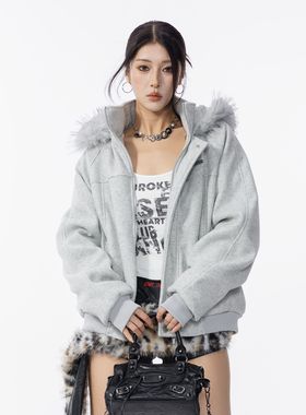 HSNH【毛呢加厚连帽座山雕】冬季毛领加绒保暖纯色休闲棉服