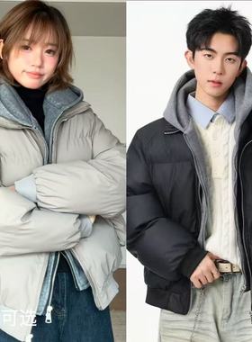 HSNH【PU皮假两件连帽棉衣】冬季简约风双拉链加厚棉服情侣款