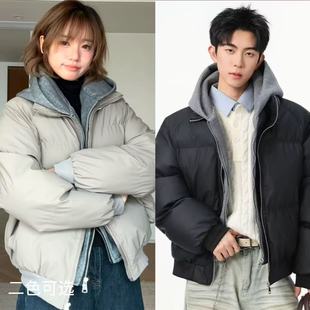 HSNH【PU皮假两件连帽棉衣】冬季简约风双拉链加厚棉服情侣款