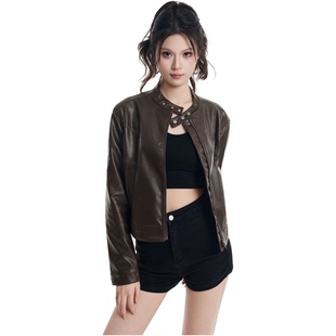 HSNH【琥珀流光短款皮衣】秋季修身型设计款钉扣工装时尚休闲外套