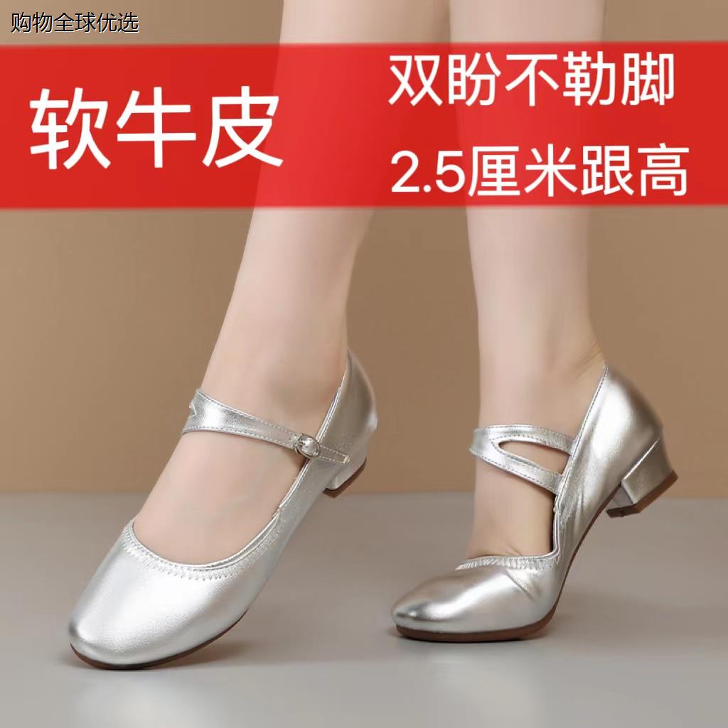 杨丽萍广场舞鞋夏款女士夏天舞蹈鞋银灰色户外成人真皮跳舞鞋软底