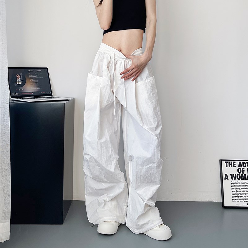 白色工装b阔腿裤女夏季大码胖mm宽松显瘦冰丝速干休闲裤运动直筒