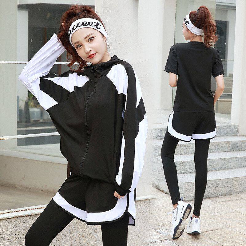 韩版休闲运动服套装女遮肉显瘦宽松大码户外跑步瑜伽健身服五件套