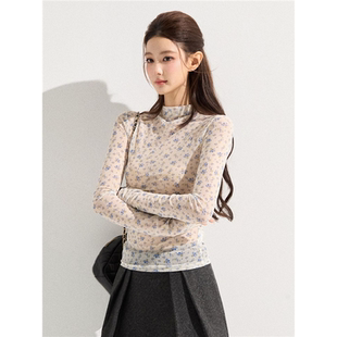 谢不肉 高领碎花微透修身长袖T恤女秋冬复古设计感百搭打底上衣