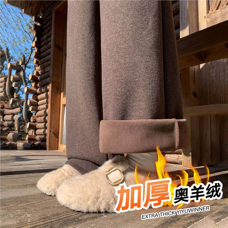 咖色加绒阔腿裤女2025新款冬季微喇运动卫裤子窄版加厚毛呢糯米裤