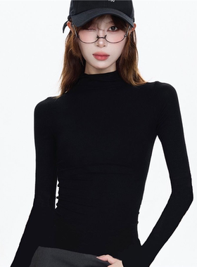 黑色半高领长袖t恤女2025秋冬小个子新款打底衫内搭百搭修身上衣