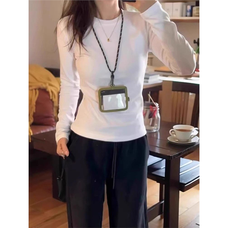 白色叠穿圆领长袖T恤女春秋冬季收腰加绒打底衫简约正肩上衣内搭