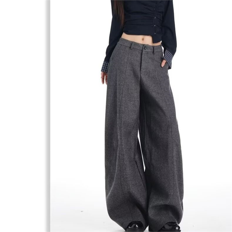 深灰色阔腿休闲加绒毛呢裤女2025冬季新款高腰宽松拖地垂感西装裤