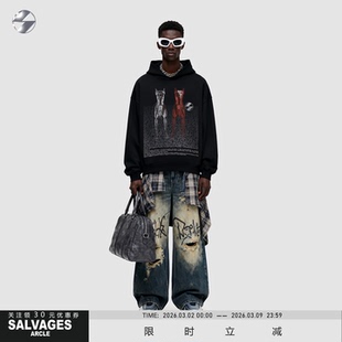 SALVAGES新款连帽重磅挺阔连帽落肩卫衣高级涂鸦潮牌明星同款上衣