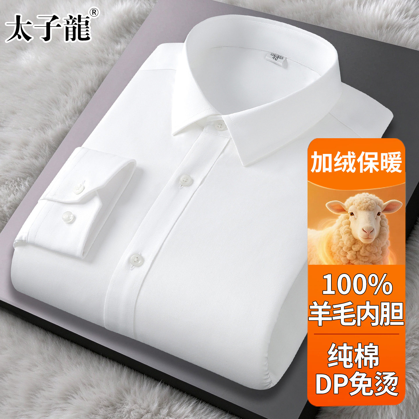 【100%羊毛内胆】太子龙纯棉加绒保暖衬衫男士冬季长袖加厚白衬衣