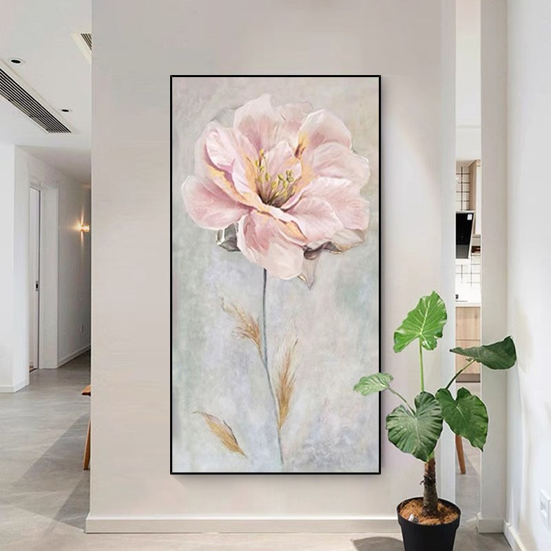 极速手绘油画《富贵牡丹》玄关挂画轻奢花卉别墅R客厅背景墙装饰图片