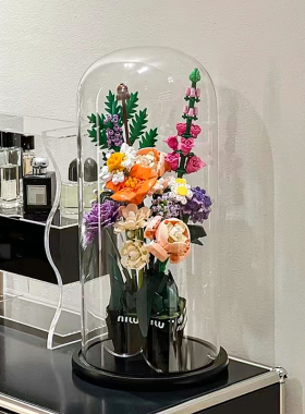 极速适用乐髙花束展示盒防尘罩10280玫J瑰玻璃罩花瓶亚克力积木收