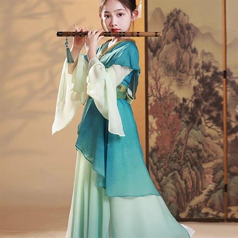 高端儿童汉服女演出服中国风古典独D舞蹈元旦女童只此青绿舞台服