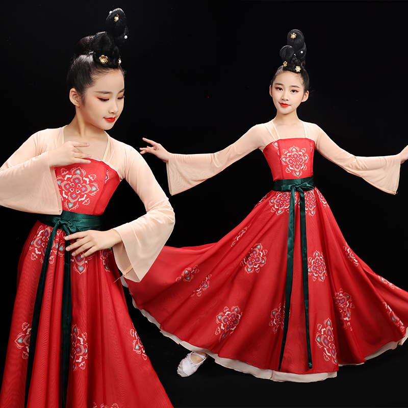 儿童古典舞演出服装合唱裙中国歌伴舞修身大摆P裙开场舞蹈服唐印