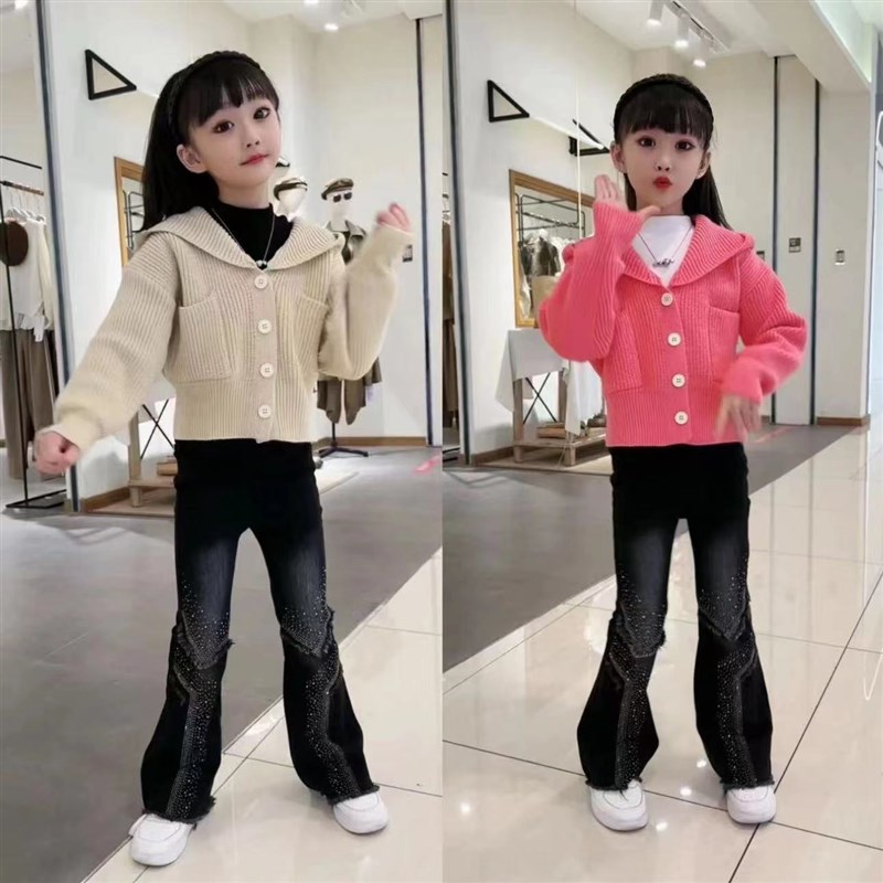 女童短款连帽针织开衫秋季新款韩版设计感毛衣外套烫钻Y牛仔裤套