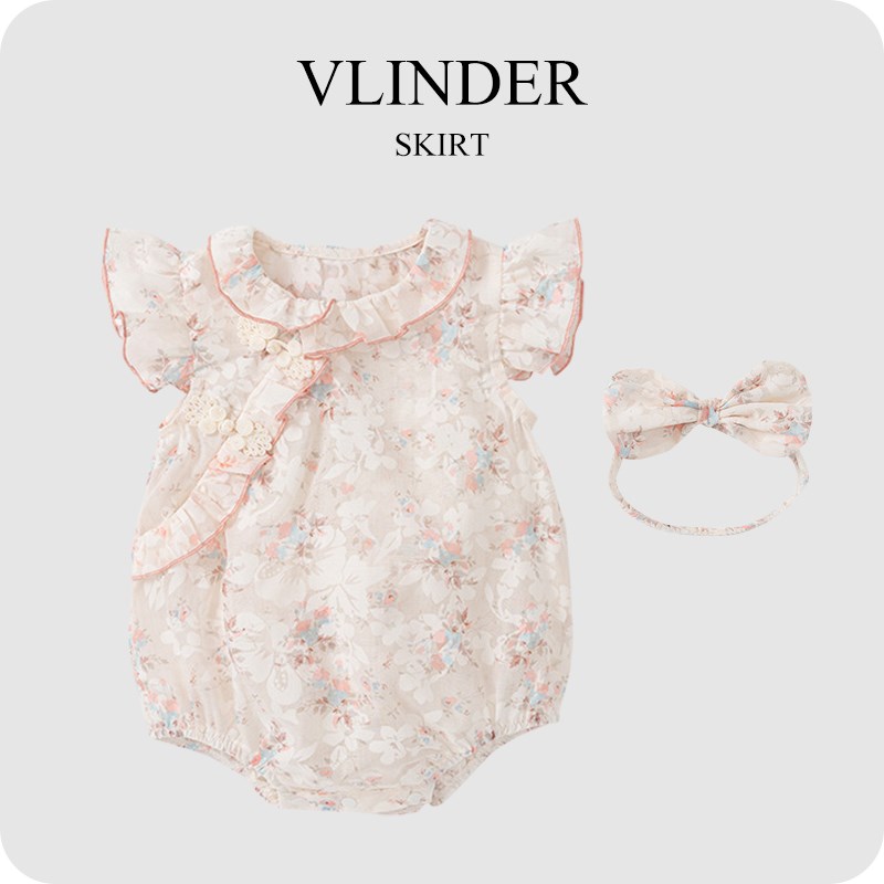 婴儿连体衣汉服女宝宝衣服v旗袍包屁衣粉色花朵短袖哈衣中国风爬