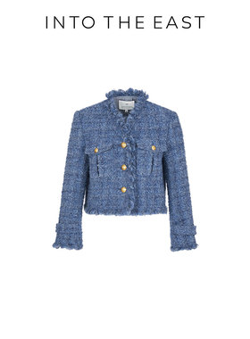 Into The East己印蓝色毛呢流苏设计小香风外套