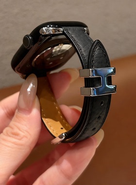 幺诺适用苹果iwatchS11/10荔枝纹H扣真皮细款秋冬applewatch皮质金属se3/2百搭简约小众女生高级ultra3/2腕带