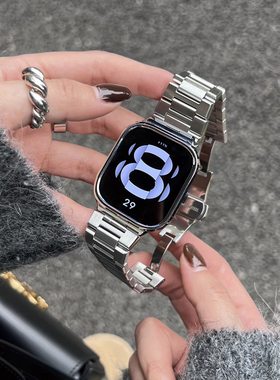 适用红米redmi watch5/4高级感不锈钢蝴蝶扣表带小米Redmi 5esim四五代时尚个性方格男女款腕带搭配金属表框