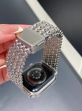 适用apple watch10/9/8/7时尚镂空金属网格V纹S10苹果Ultra表带iwatch6543代se编织链式潮牌不锈钢夏腕带男女