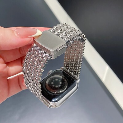适用apple watch10/9/8/7时尚镂空金属网格V纹S10苹果Ultra表带iwatch6543代se编织链式潮牌不锈钢夏腕带男女