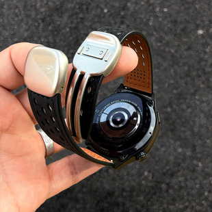 幺诺适用华为手表GT6 5镂空疯马皮表带watch5pro圆滑折叠磁吸扣GT3pro金属夏小米S4透气表链oppo运动GT2腕带