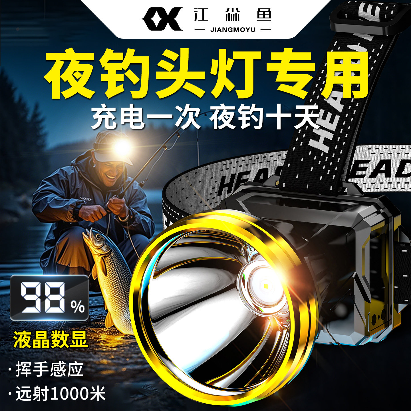 夜钓头灯头戴式感应充电超亮超长续航100小时钓鱼野钓专用照明灯