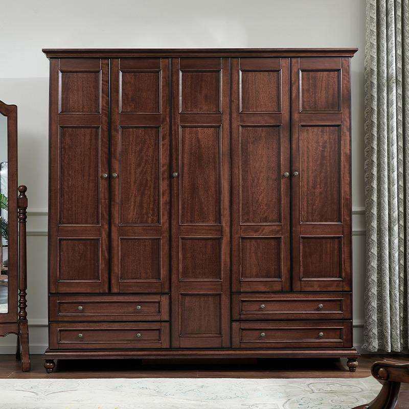 美式实木衣柜五门平开门家用卧室储物柜子对开门复古乡寸收纳衣橱