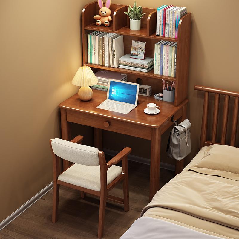 实木书架一体桌带书柜现代简约家用卧室电脑桌台式学生写字台桌子