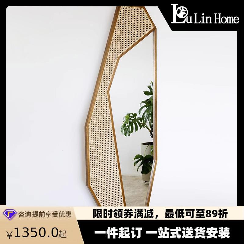 新中式实木化妆镜民宿酒店藤编创意镜子家用简约落地镜装饰艺术品