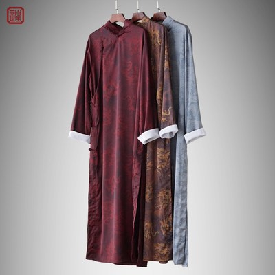 民国长衫男斜襟丝缎大褂盘扣印花马褂中国风唐装龙纹大码中式长袍