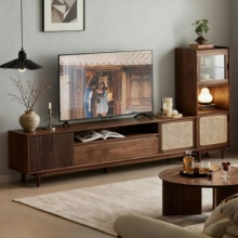 电视柜黑胡桃木中古风实木地柜组合落地小户型客厅储物柜家用复古