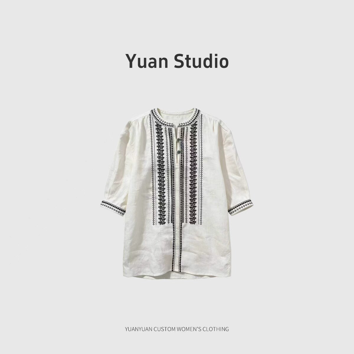 【YUAN】（衣长59）复古刺绣亚麻衬衫女七分袖圆领