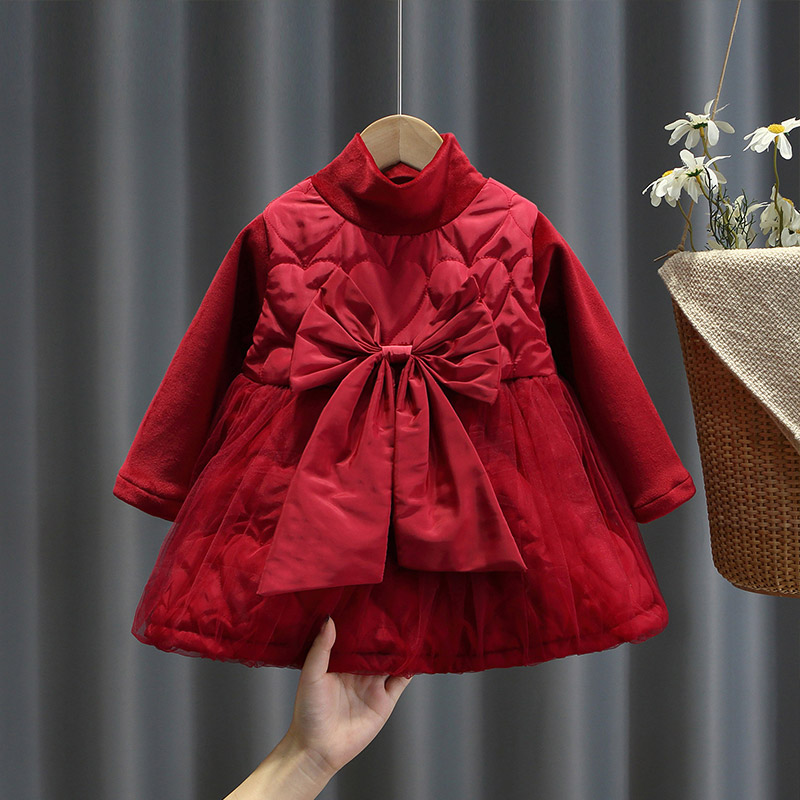 女童加绒洋装2023冬装宝宝生日礼服公主裙O花童裙子红色棉服裙衫