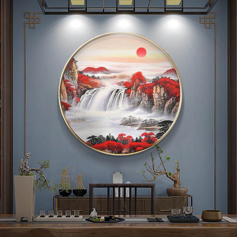 鸿运当头国画山水画新中式玄关装饰画客厅沙发背景墙风景挂画圆形
