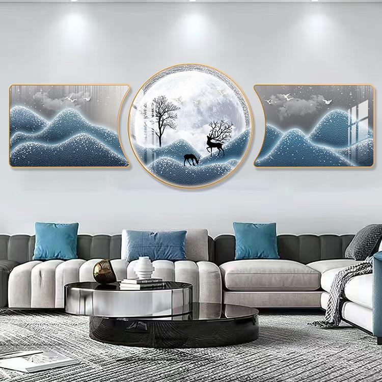 现代简约客厅装饰画三联画2025新款镶钻福鹿沙发背景墙大气挂画