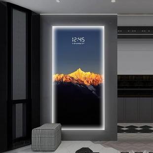 日照金山玄关装饰画万年历电子钟表高档梅里雪山入户正对门壁灯画