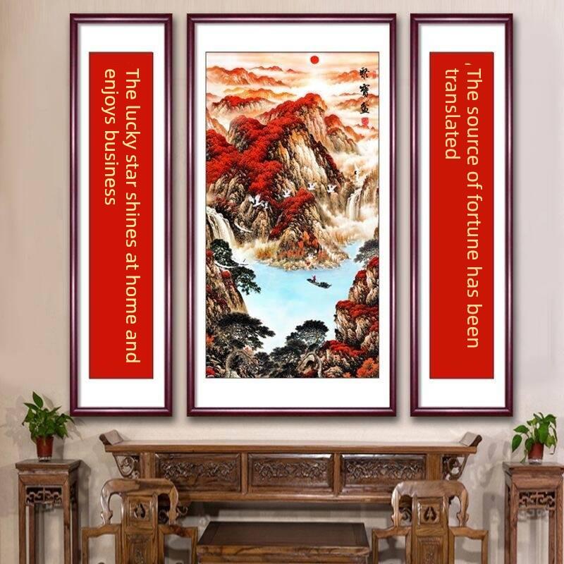 好运国画三联画别墅国画山水国画客厅实木挂画乡村老宅国画